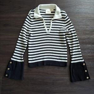 Anthropologie Maeve Stripe Bell Sleeve Polo Arlowe Sweater Size Large
